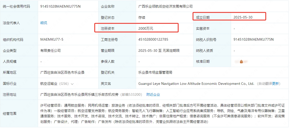 广西乐业领航低空经济发展有限公司 百科