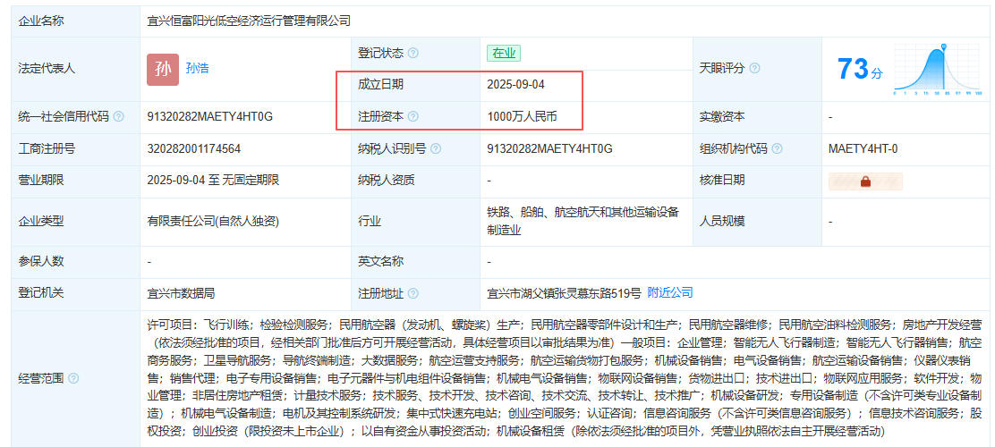 宜兴恒富阳光低空经济运行管理有限公司 百科(图1)