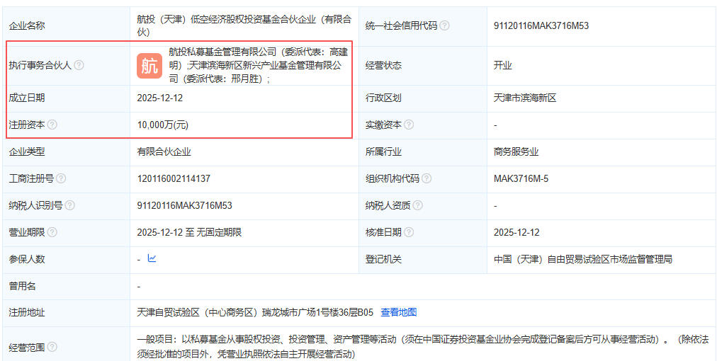航投(天津)低空经济股权投资基金合伙企业(有限合伙)百科(图1) 航投(天津)低空经济股权投资基金合伙企业(有限合伙)百科(图1)