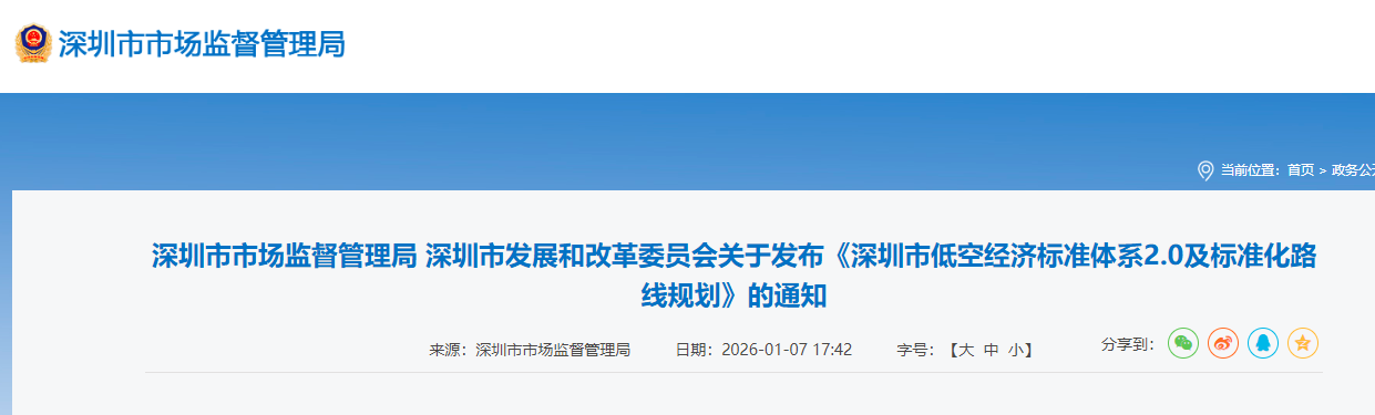 深圳市市场监督管理局 深圳市发展和改革委员会关于发布《深圳市低空经济标准体系2.0及标准化路线规划》的通知(图1)