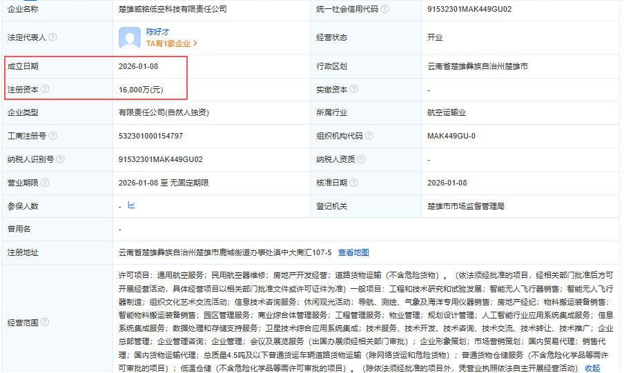 楚雄威铭低空科技有限责任公司 百科(图1) 楚雄威铭低空科技有限责任公司 百科(图1)