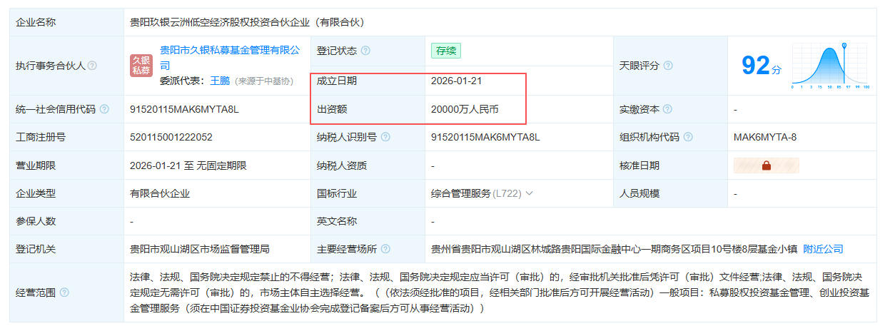 贵阳玖银云洲低空经济股权投资合伙企业（有限合伙）