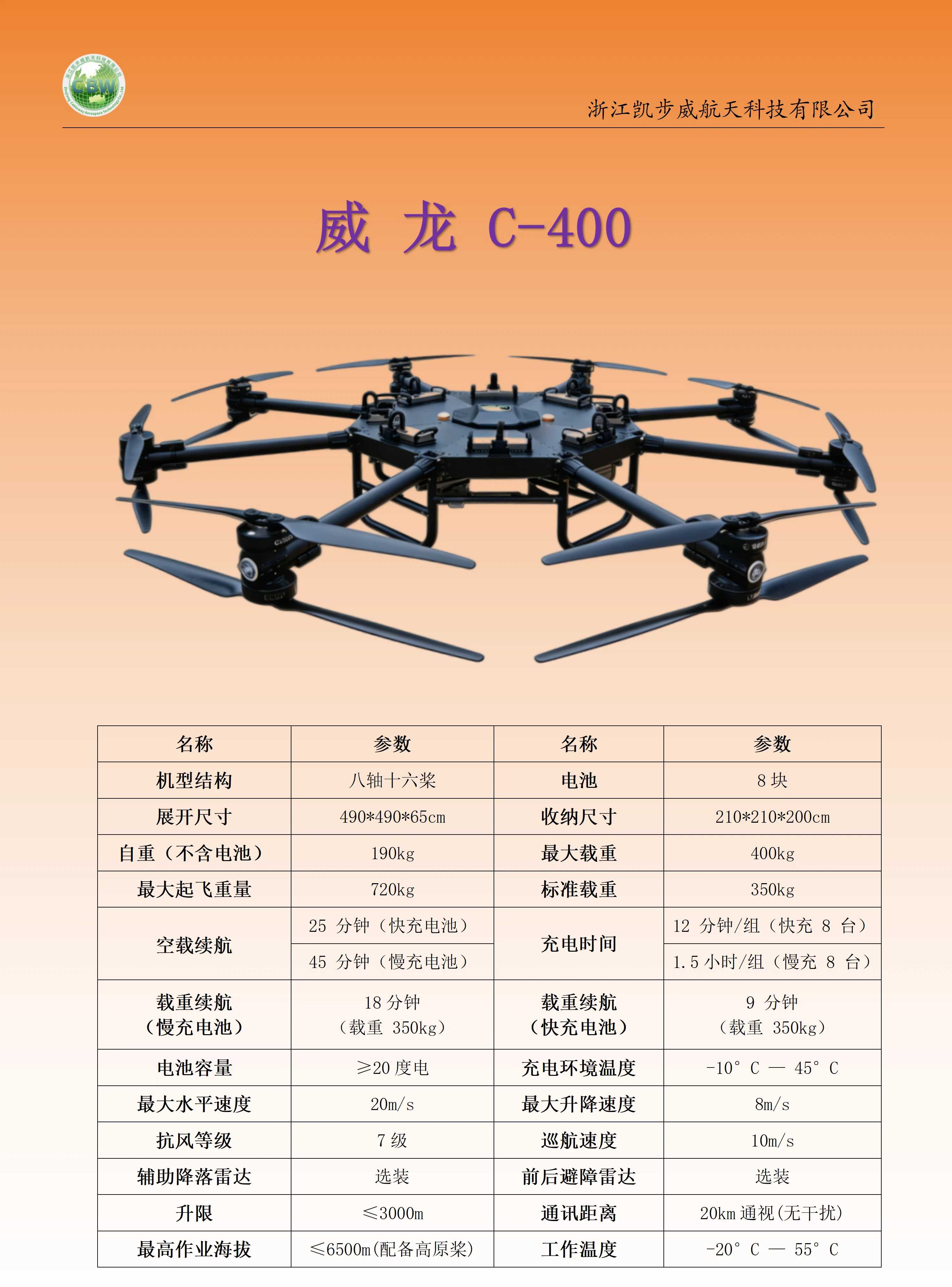 凯步威 威龙C-400 无人机吊运配置参数价格量产时间(图1)