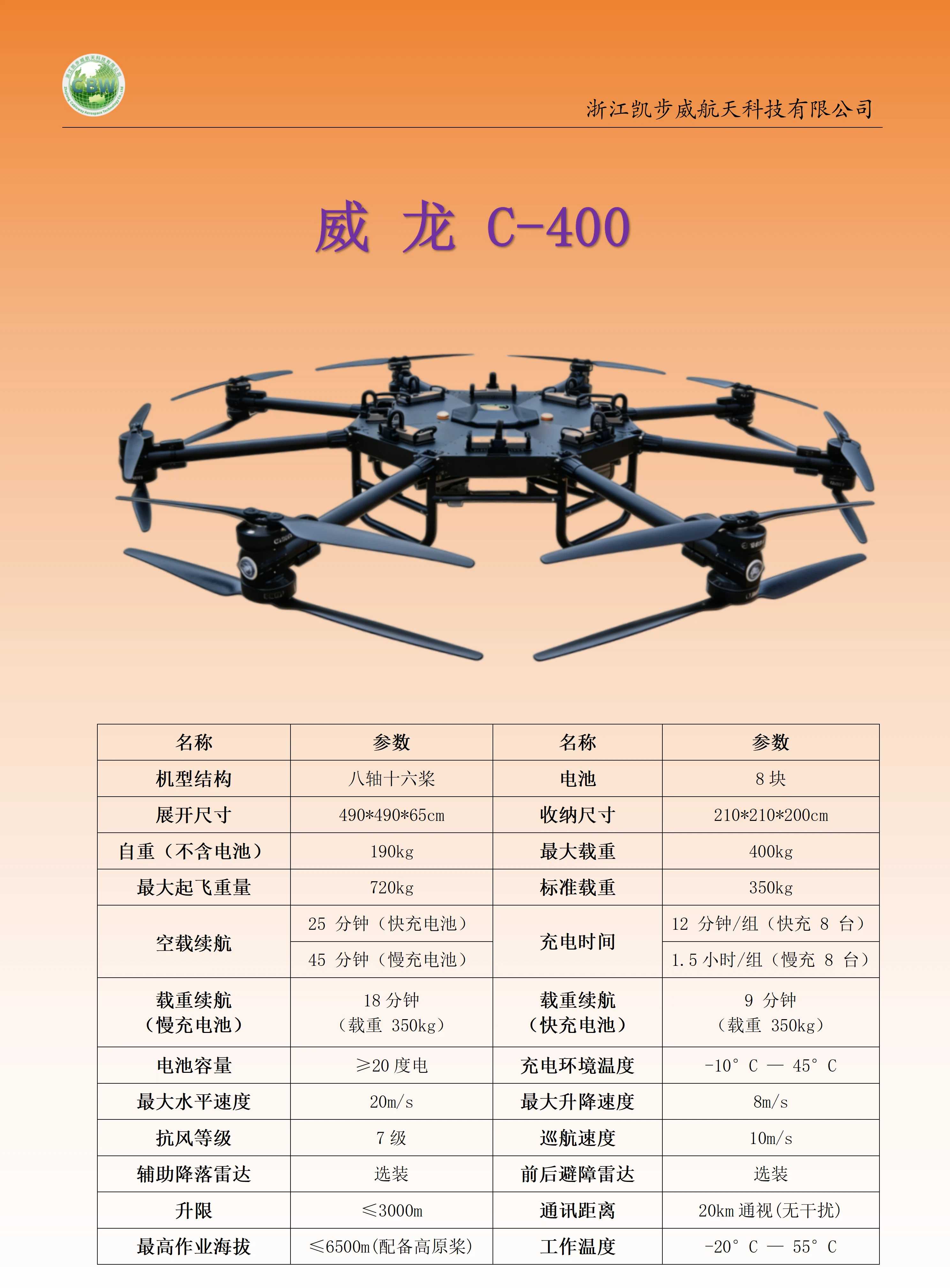 凯步威 威龙C-400 无人机吊运配置参数价格量产时间(图1)