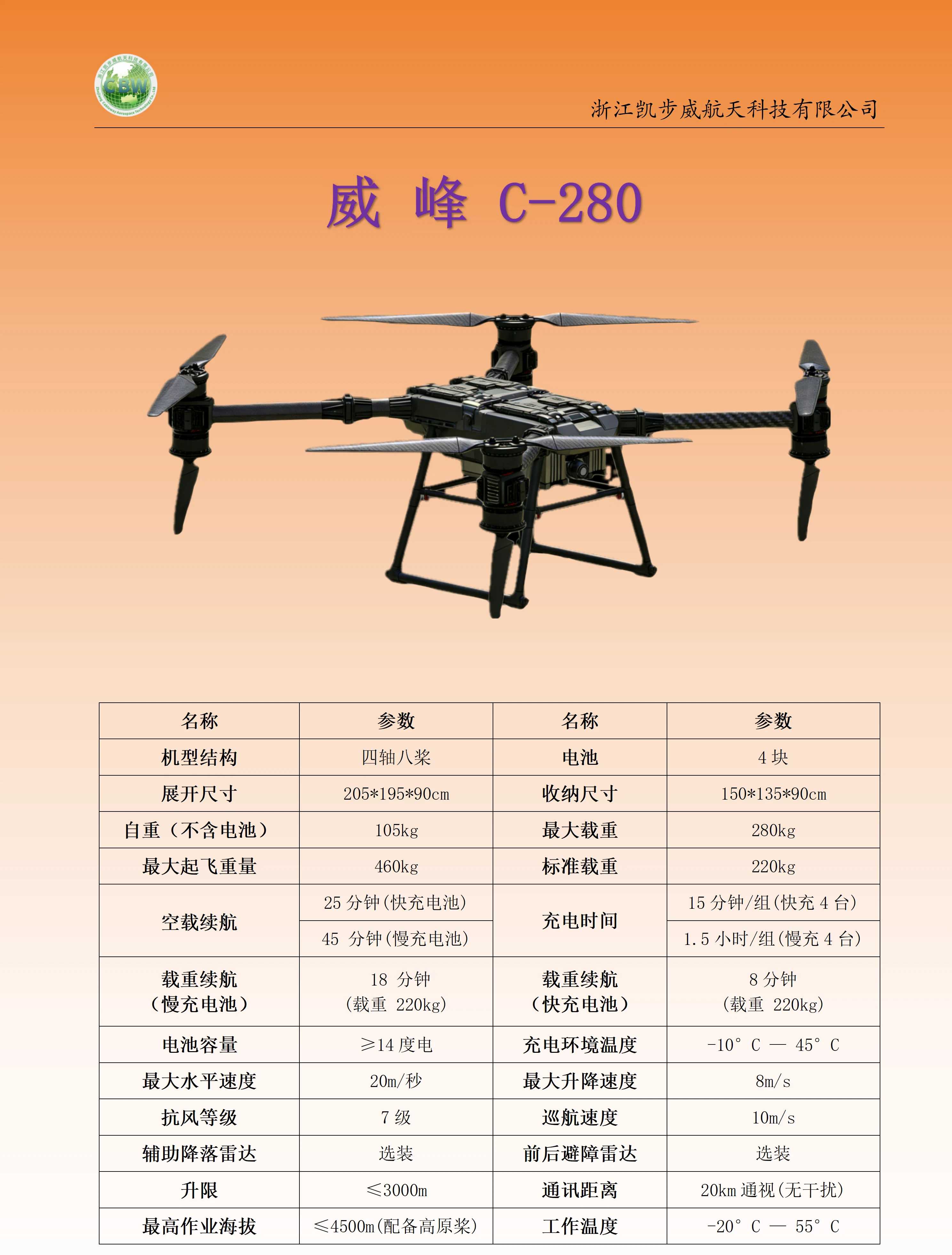 凯步威 威峰C-280 无人机吊运配置参数价格量产时间(图1)