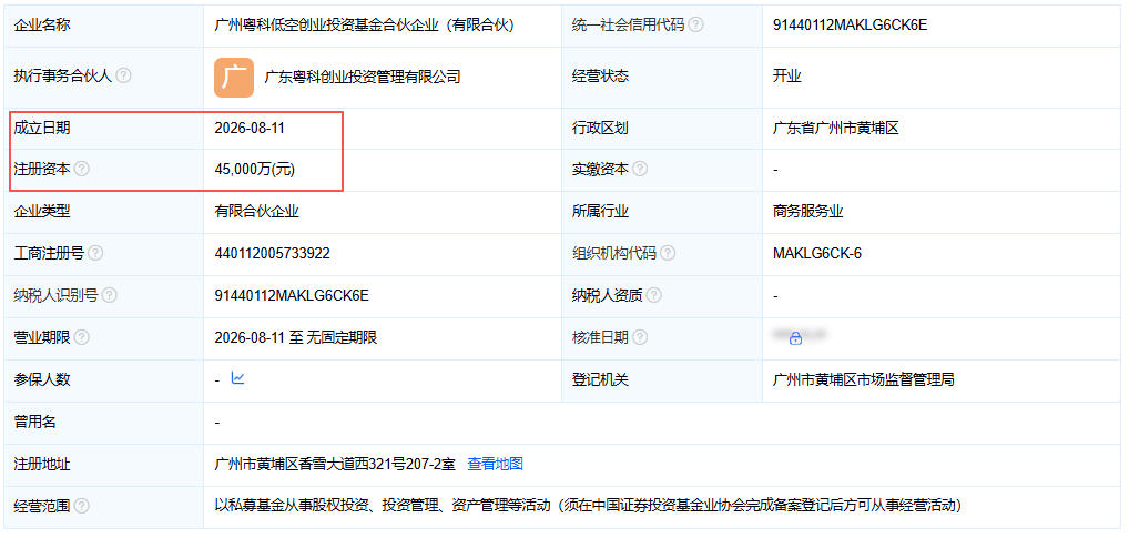 广州粤科低空创业投资基金合伙企业(有限合伙)百科(图1) 广州粤科低空创业投资基金合伙企业(有限合伙)百科(图1)