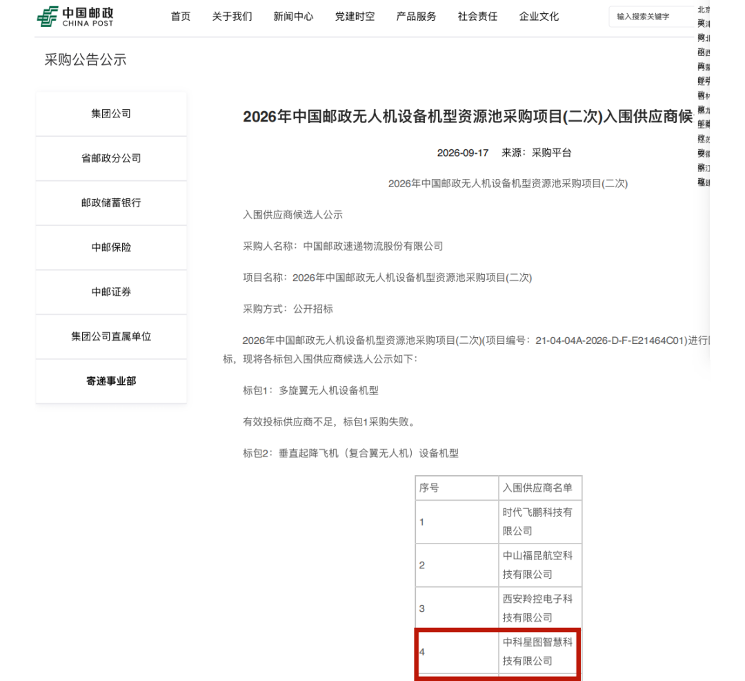 喜报|星图智慧入围中国邮政速递物流无人机采购供应商候选人名单(图1) 喜报|星图智慧入围中国邮政速递物流无人机采购供应商候选人名单(图1)